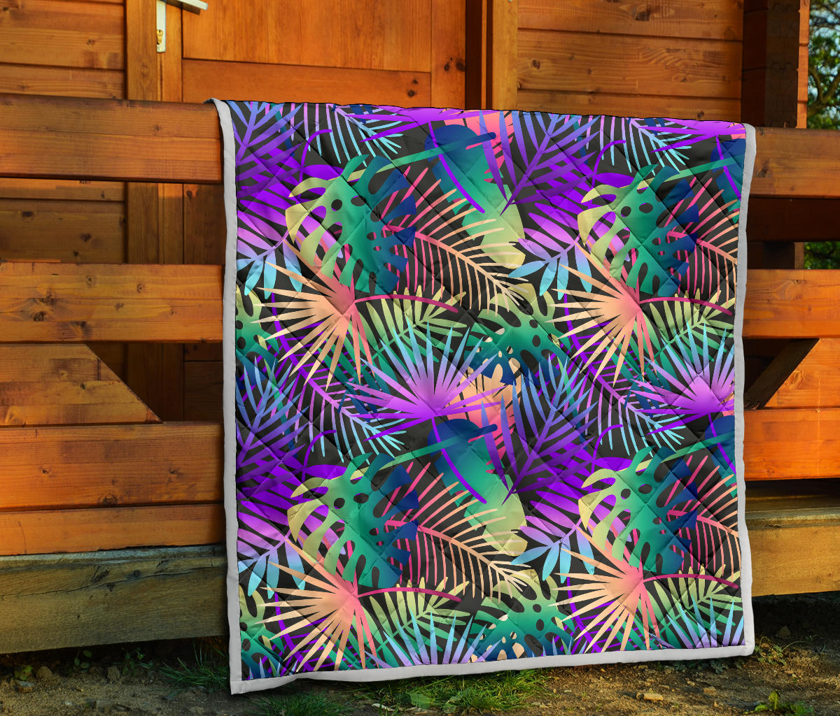 Neon Flower Tropical Palm Leaves Quilt Bedspread