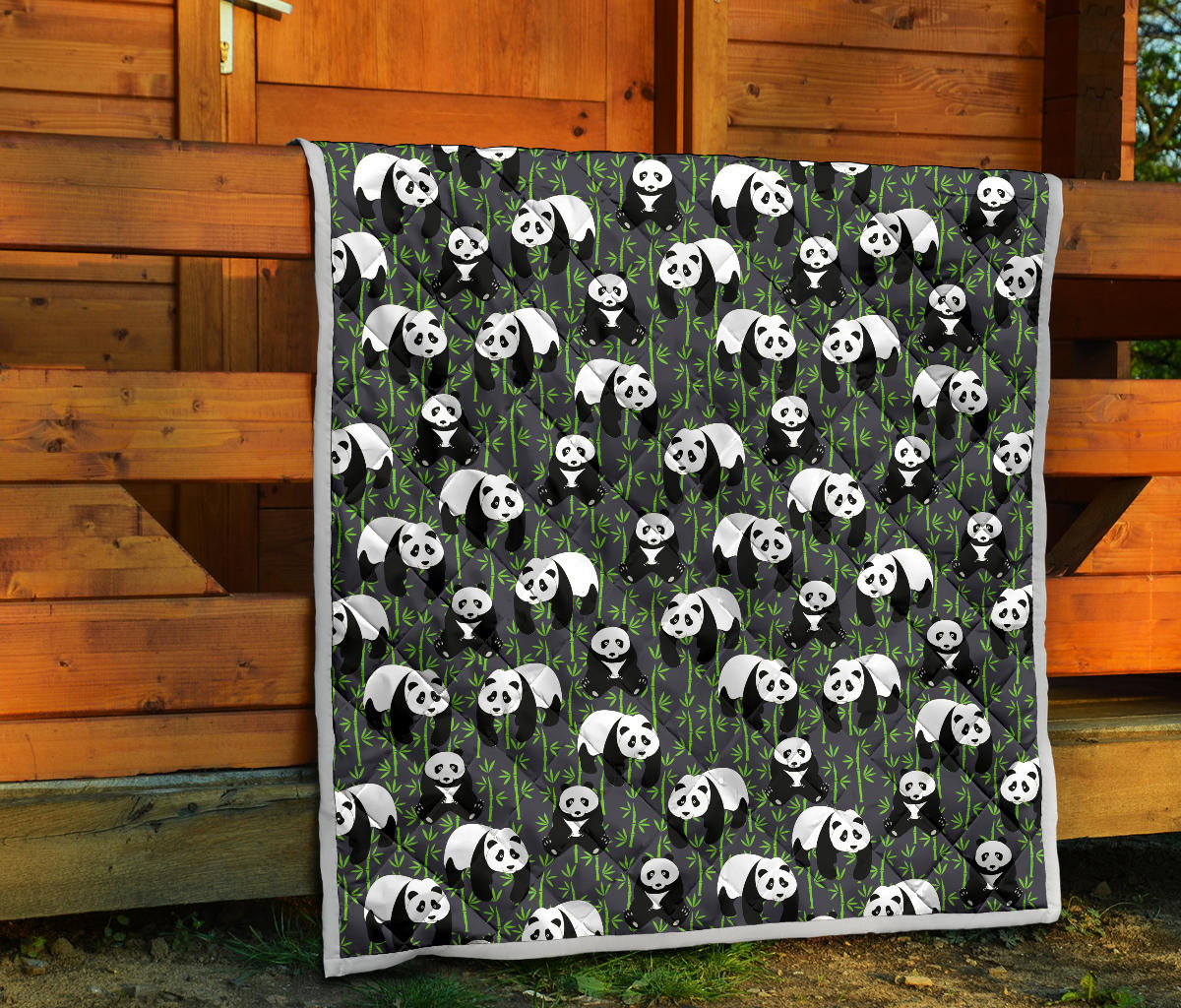 Panda Bear Bamboo Themed Print Quilt Bedspread