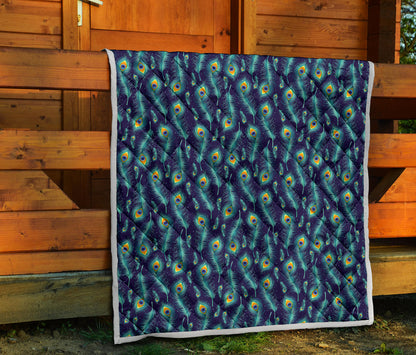 Peacock Feather Blue Design Print Quilt Bedspread