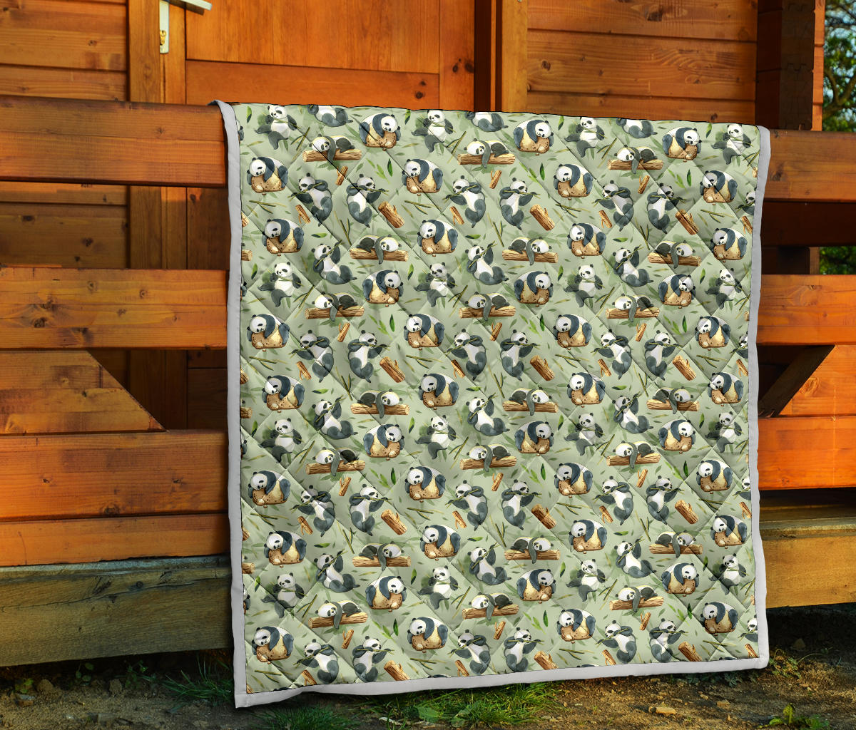 Panda Bear Design Bamboo Print Quilt Bedspread