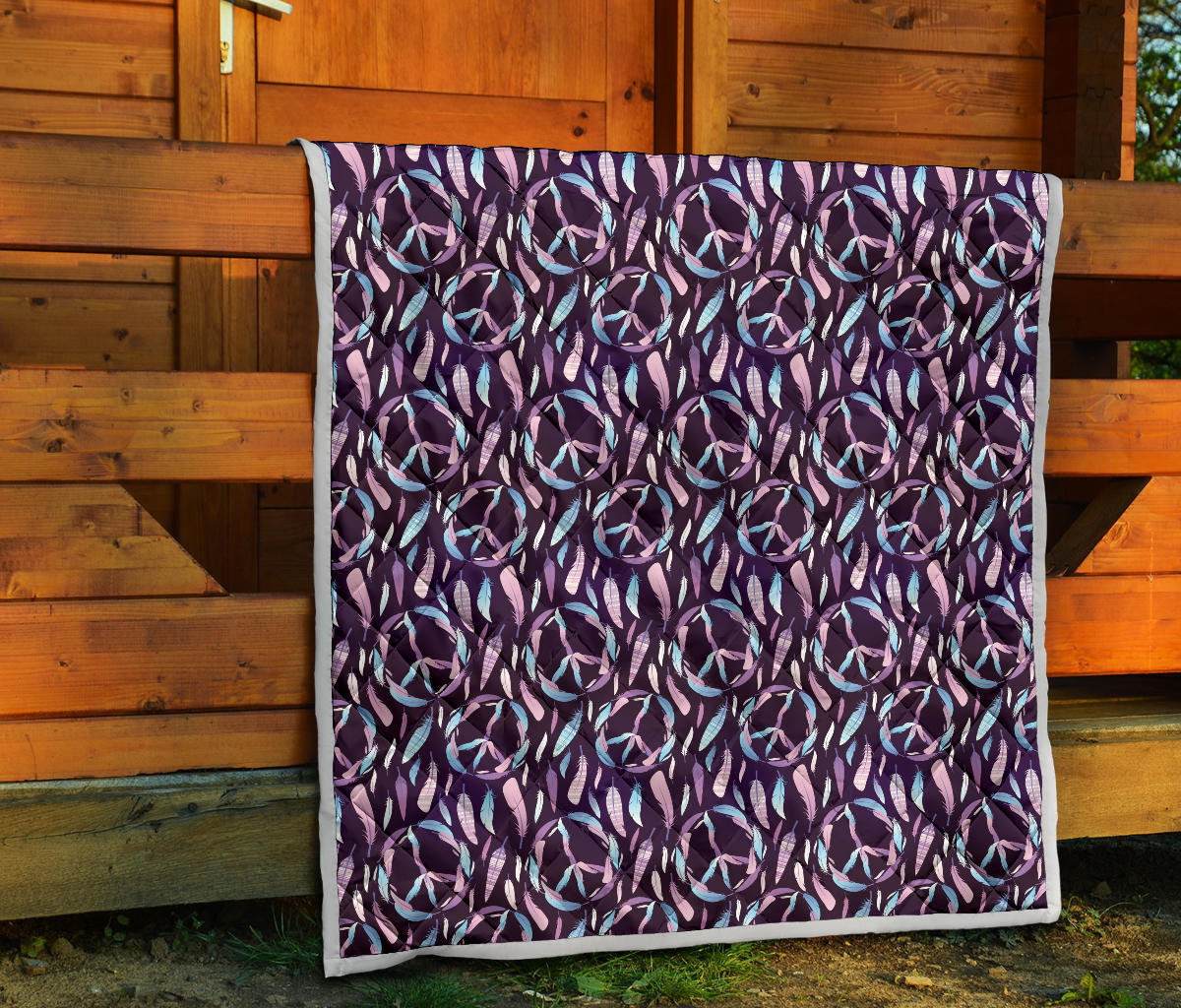 Peace Sign Feather Design Print Quilt Bedspread