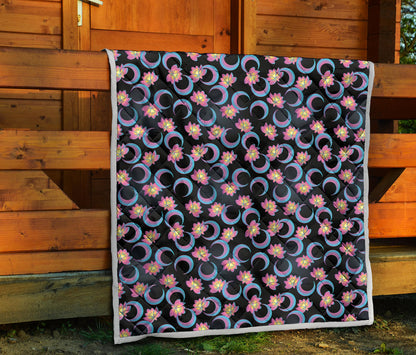 Lotus with Moon Pink Print Themed Quilt Bedspread