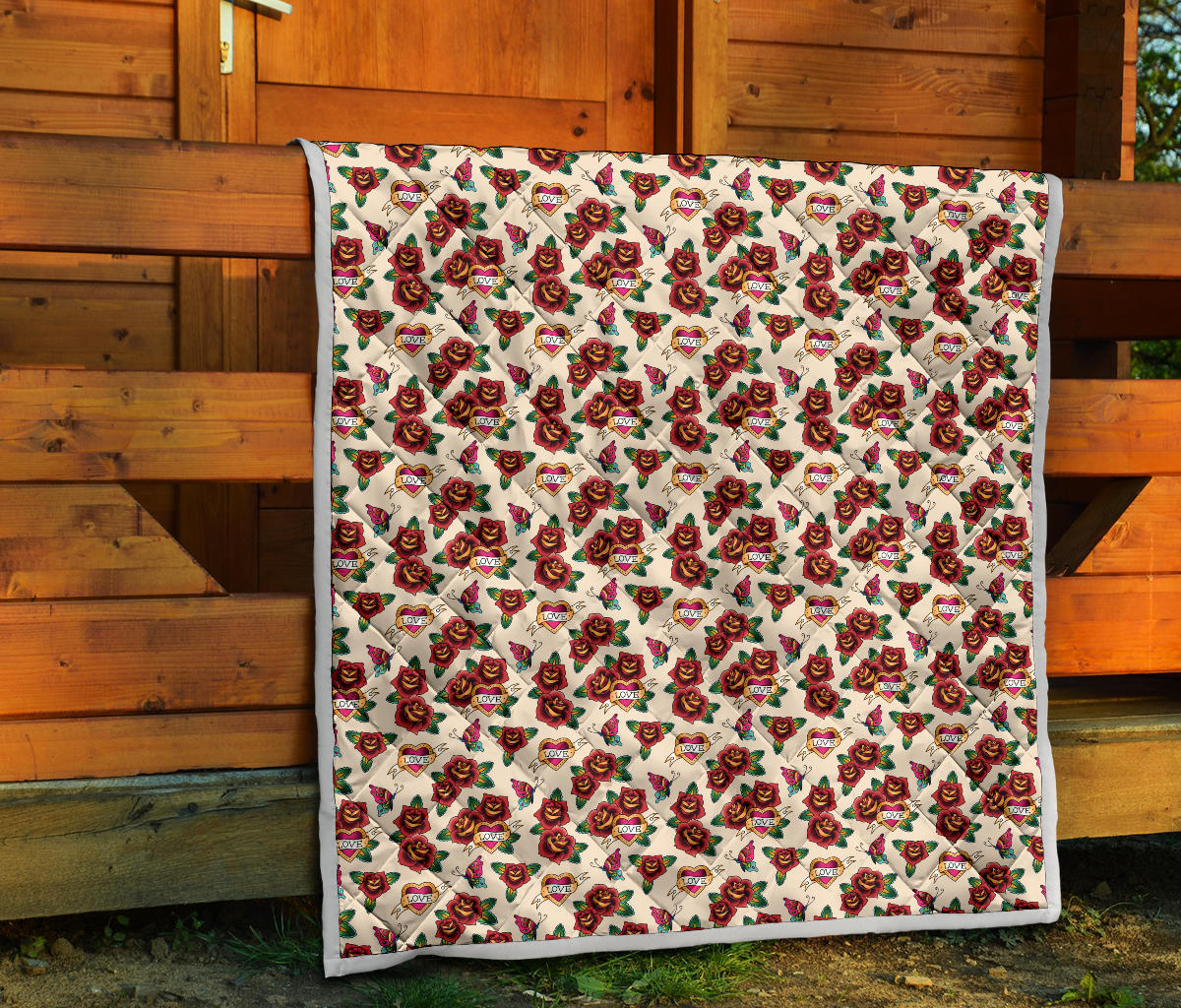 Old School Tattoo Rose Pattern Quilt Bedspread