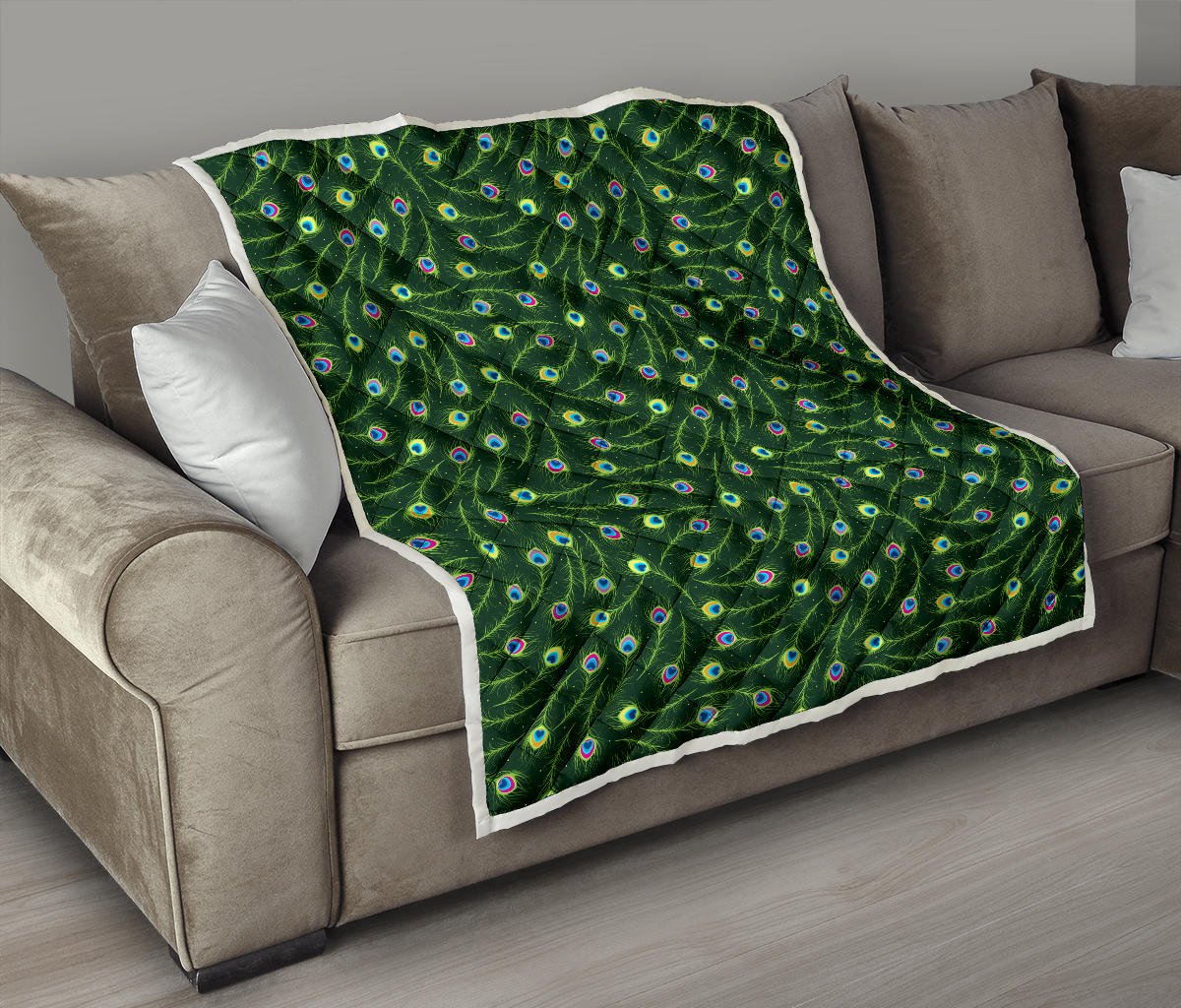 Peacock Feather Green Design Print Quilt Bedspread