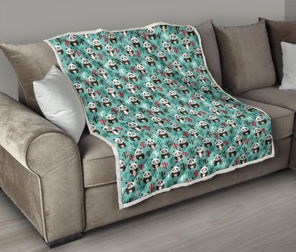 Panda Bear Cute Themed Print Quilt Bedspread