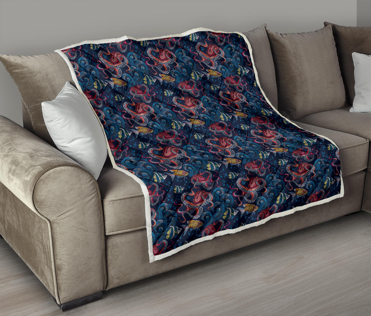 Octopus Deep Sea Print Themed Quilt Bedspread