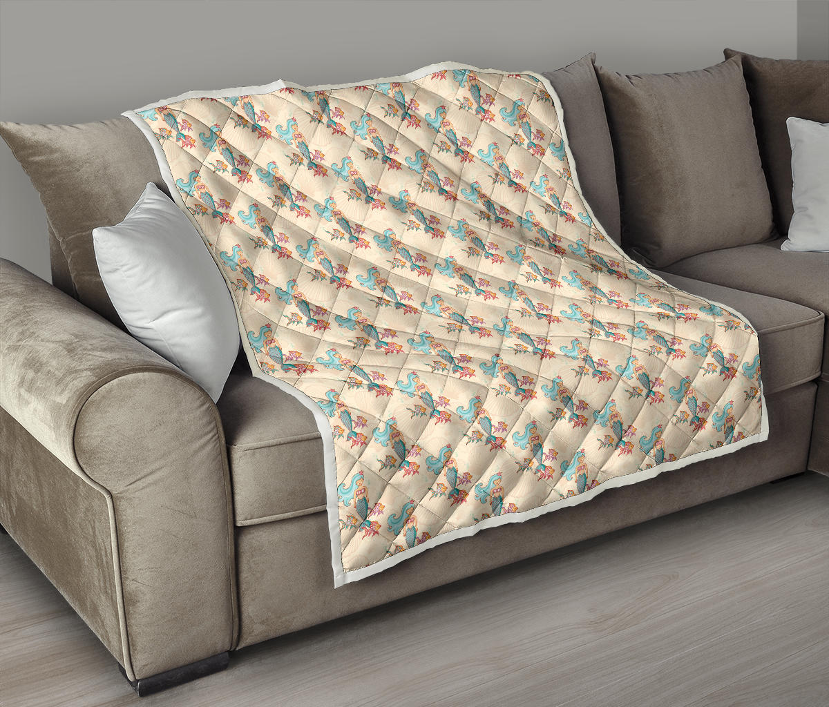 Mermaid Girl With Fish Design Print Quilt Bedspread
