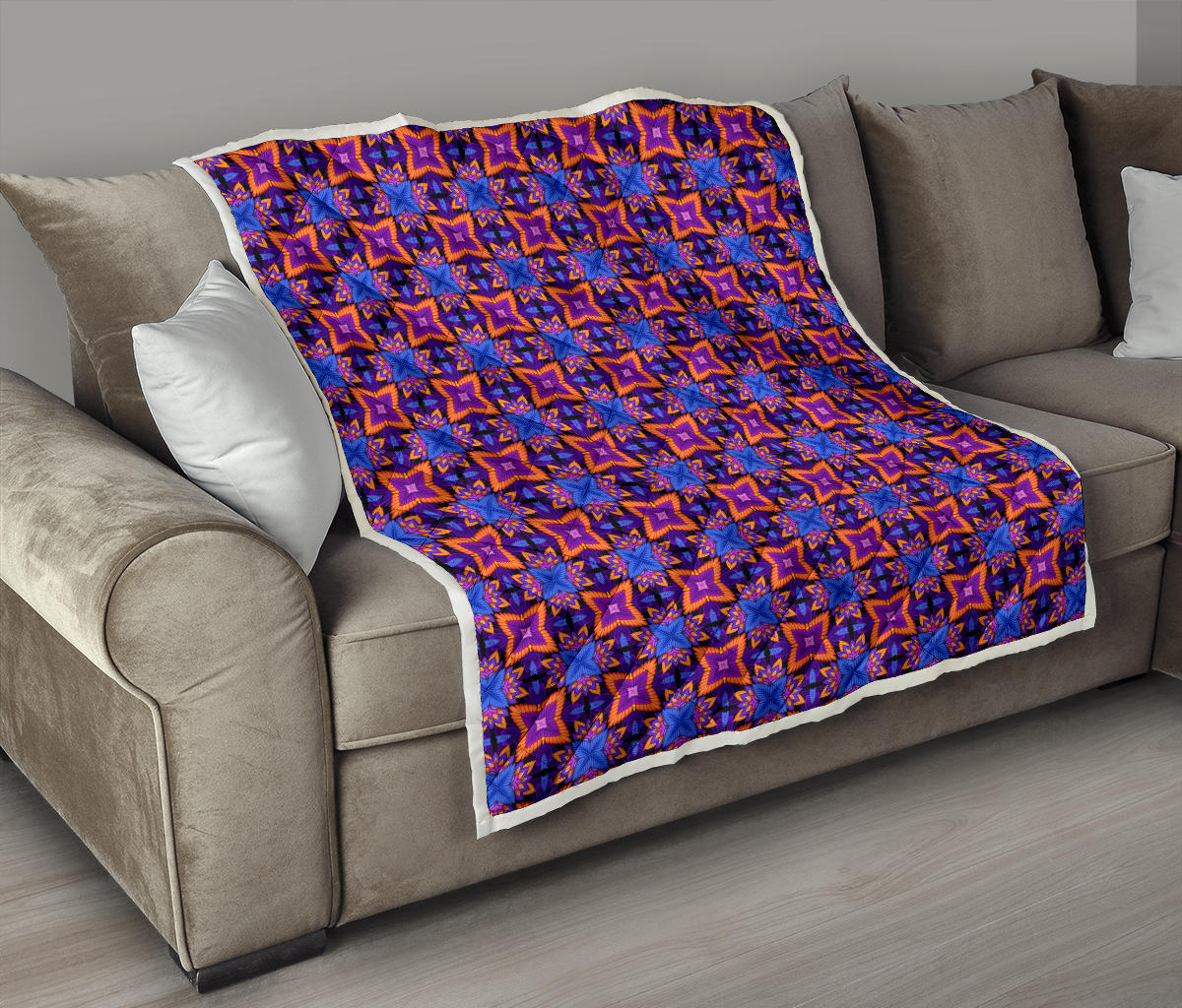 kaleidoscope Purple Orange Print Design Quilt Bedspread