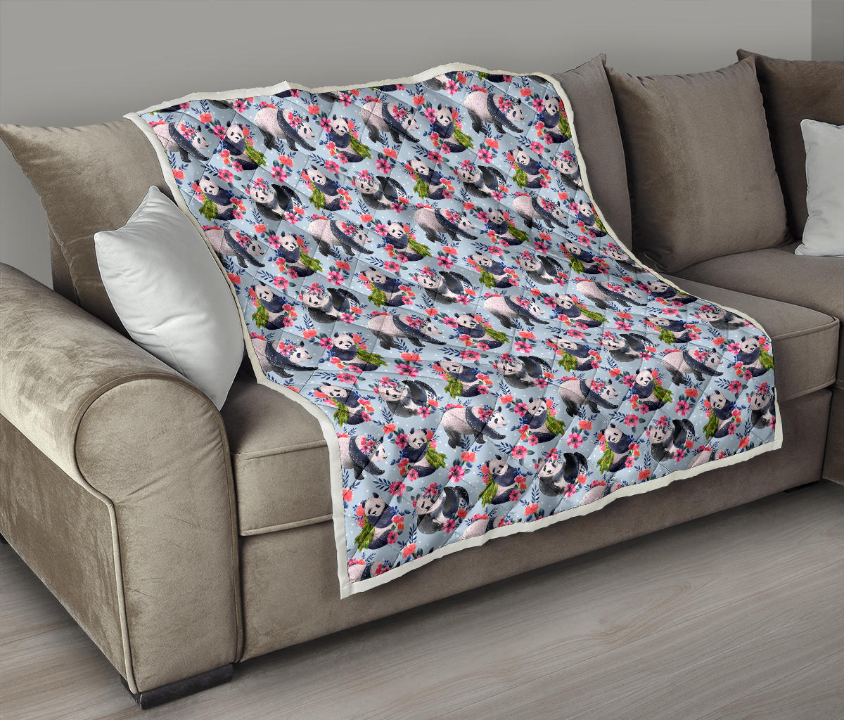 Panda Bear Flower Design Themed Print Quilt Bedspread
