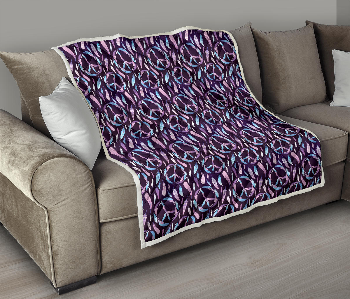 Peace Sign Feather Design Print Quilt Bedspread