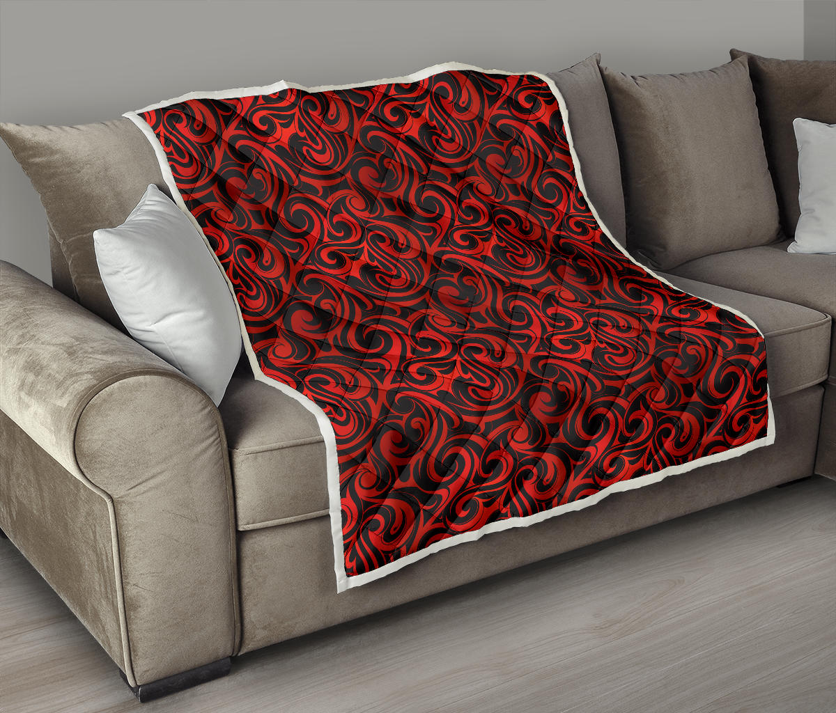 Maori Red Black Themed Design Quilt Bedspread