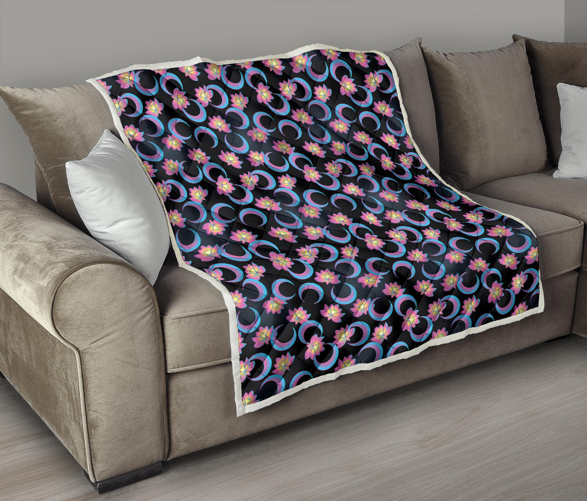 Lotus with Moon Pink Print Themed Quilt Bedspread