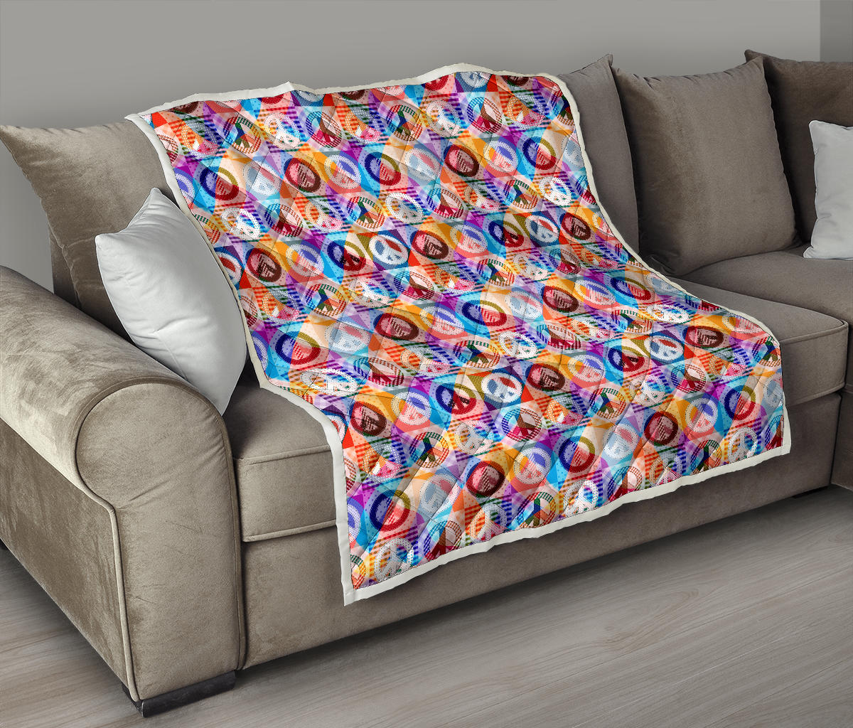 Peace Sign Patchwork Design Print Quilt Bedspread