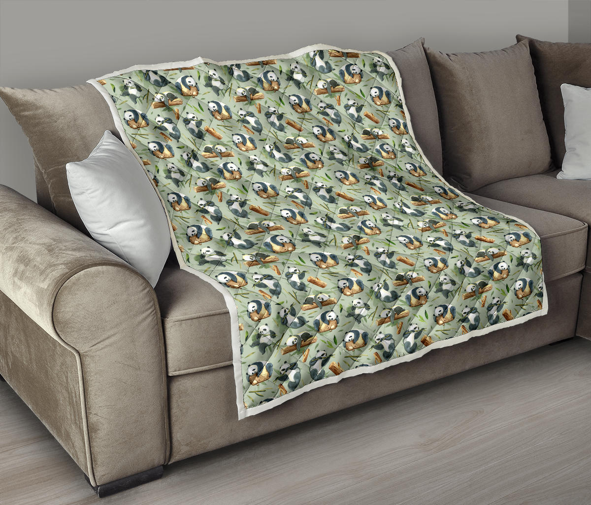 Panda Bear Design Bamboo Print Quilt Bedspread