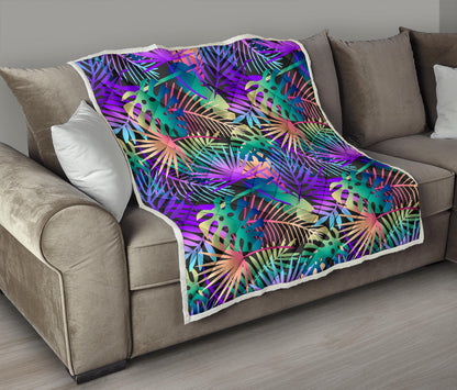 Neon Flower Tropical Palm Leaves Quilt Bedspread