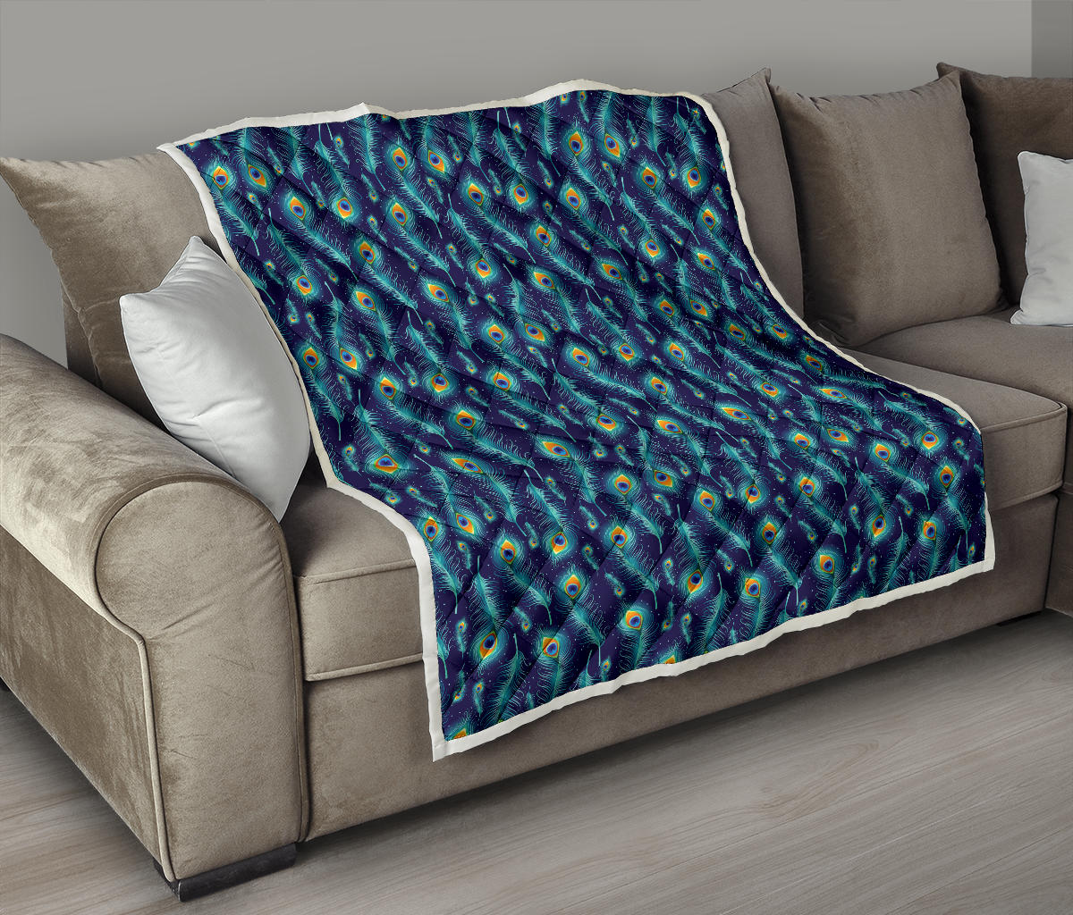 Peacock Feather Blue Design Print Quilt Bedspread