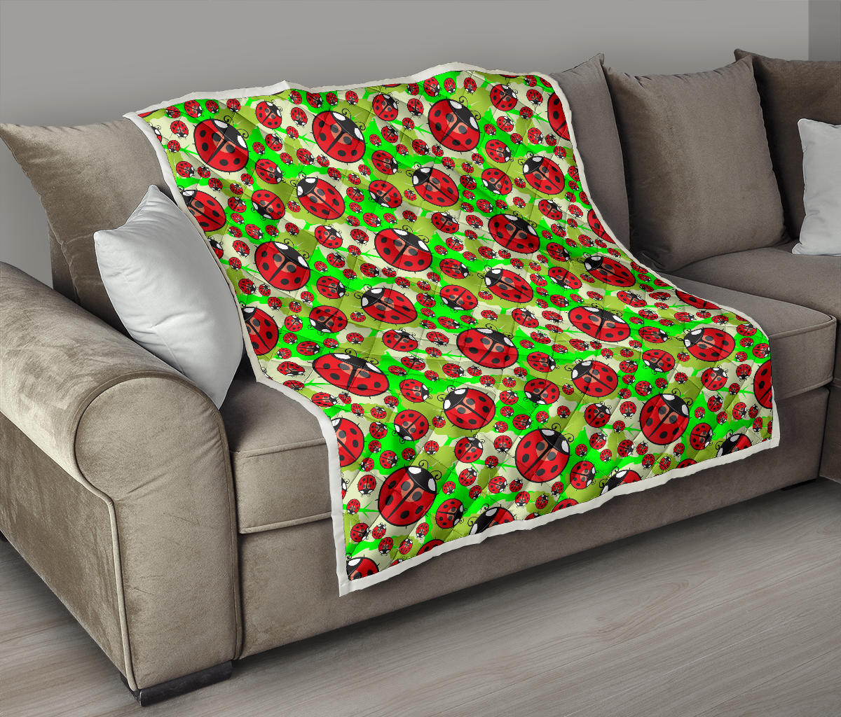 Ladybug with Leaf Print Pattern Quilt Bedspread