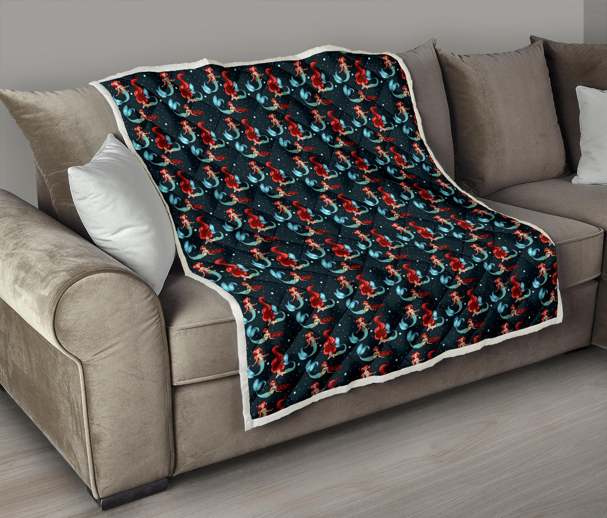 Mermaid Girl Themed Design Print Quilt Bedspread