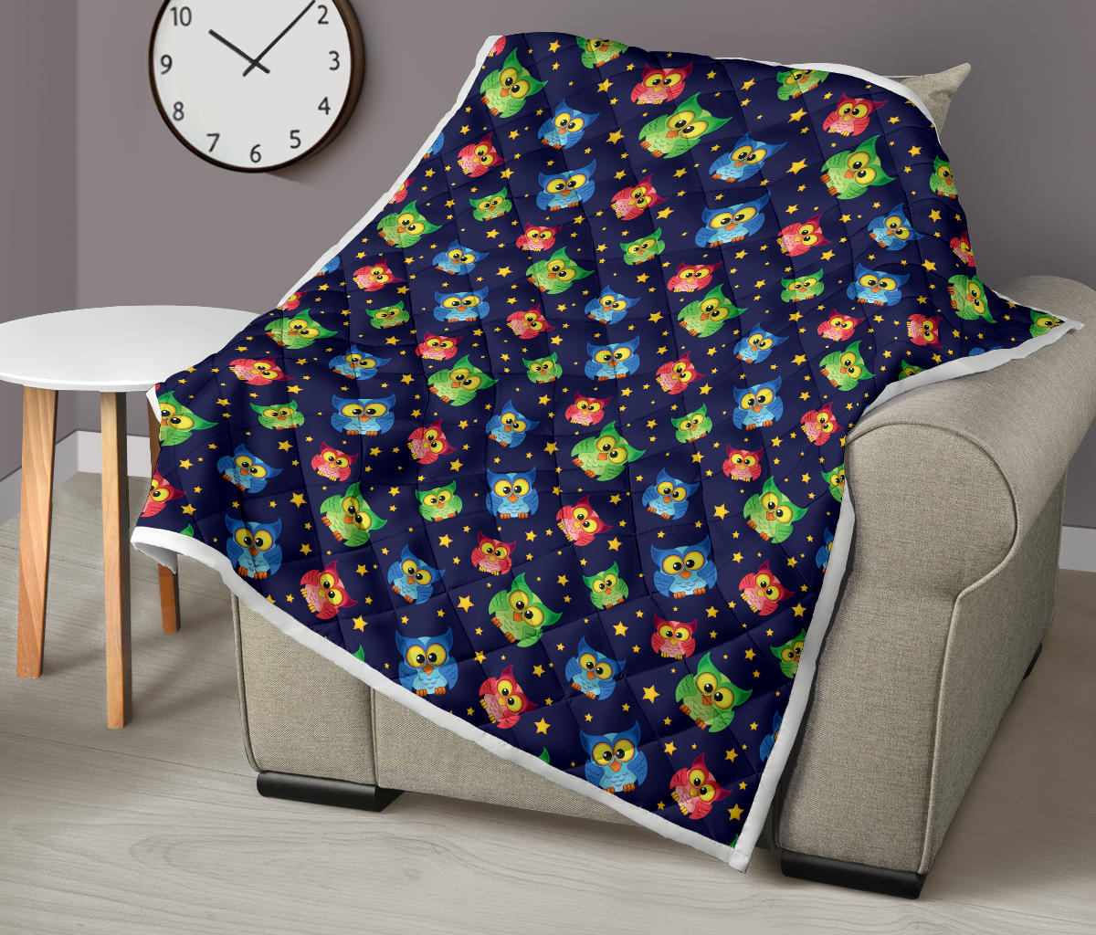 Owl with Star Themed Design Print Quilt Bedspread