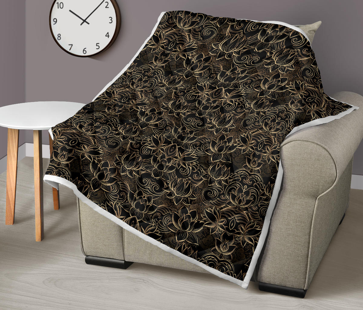 Lotus Gold Mandala Design Themed Quilt Bedspread