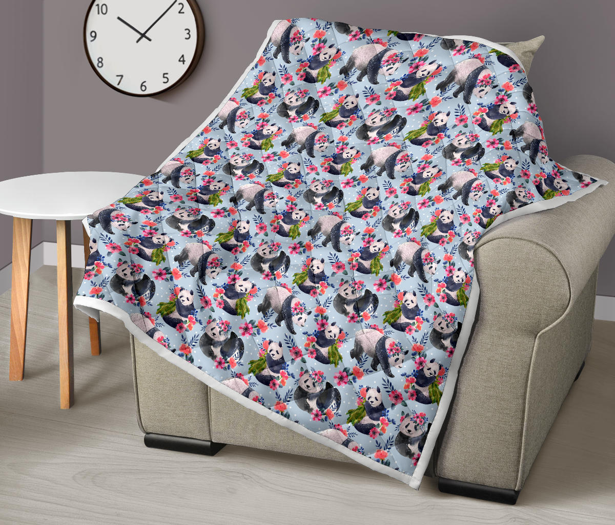 Panda Bear Flower Design Themed Print Quilt Bedspread