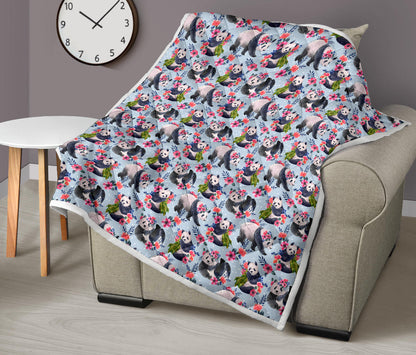 Panda Bear Flower Design Themed Print Quilt Bedspread