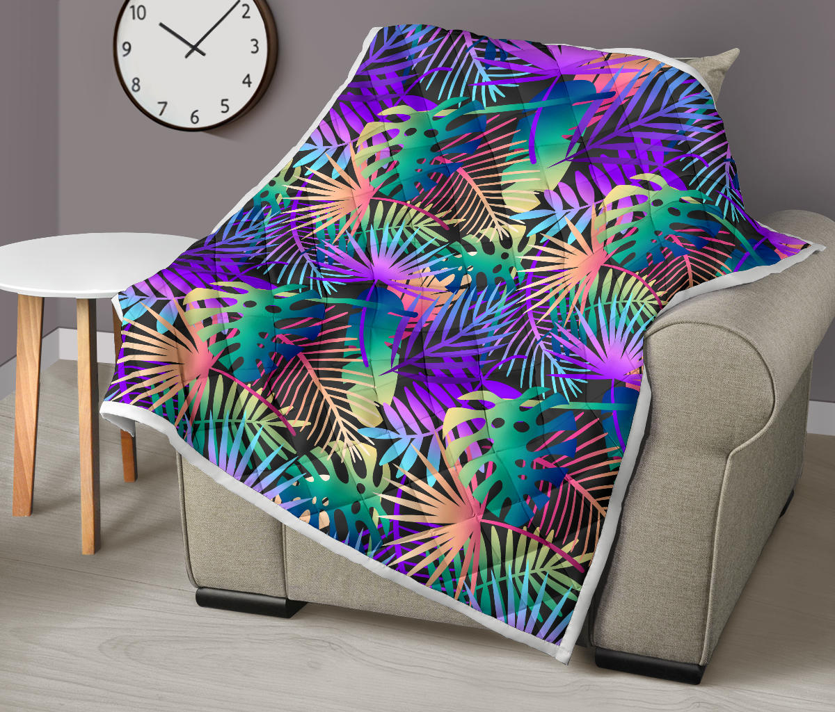 Neon Flower Tropical Palm Leaves Quilt Bedspread