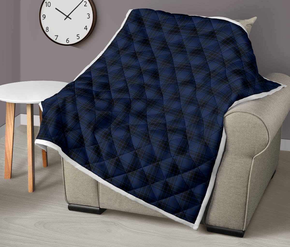 Navy Blue Tartan Plaid Pattern Quilt Bedspread