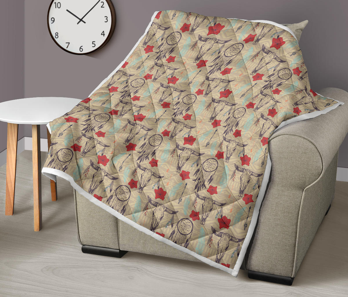 Native Buffalo Head Themed Design Print Quilt Bedspread