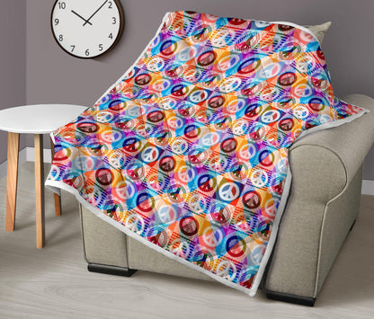 Peace Sign Patchwork Design Print Quilt Bedspread