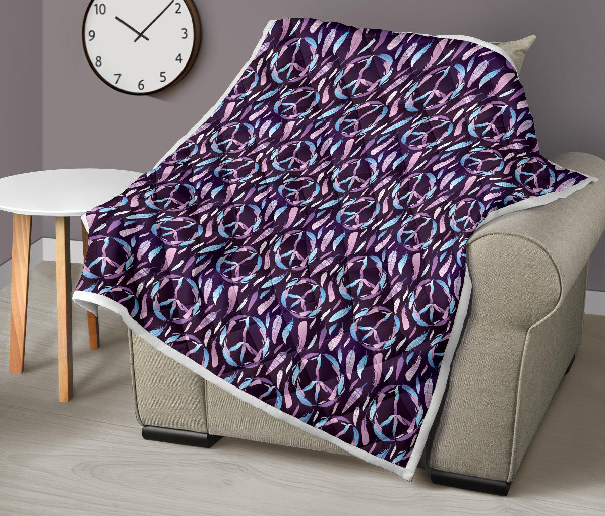 Peace Sign Feather Design Print Quilt Bedspread