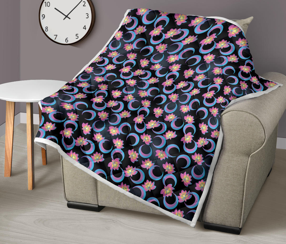 Lotus with Moon Pink Print Themed Quilt Bedspread