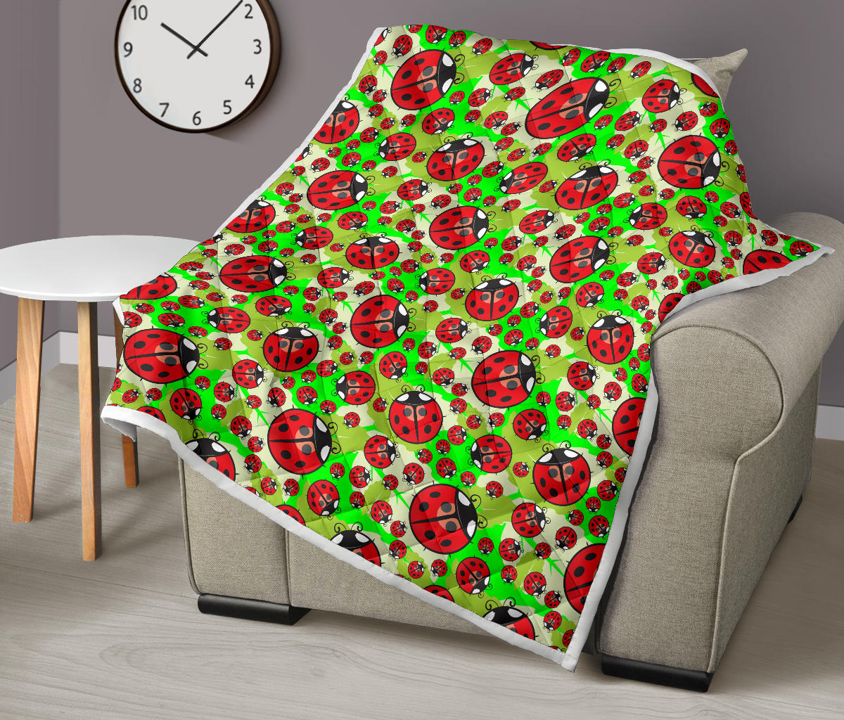 Ladybug with Leaf Print Pattern Quilt Bedspread