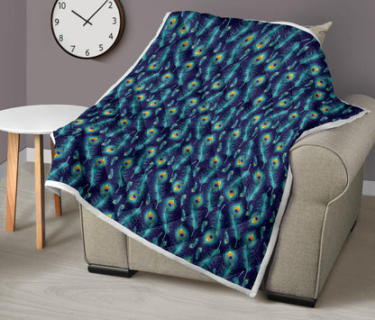 Peacock Feather Blue Design Print Quilt Bedspread