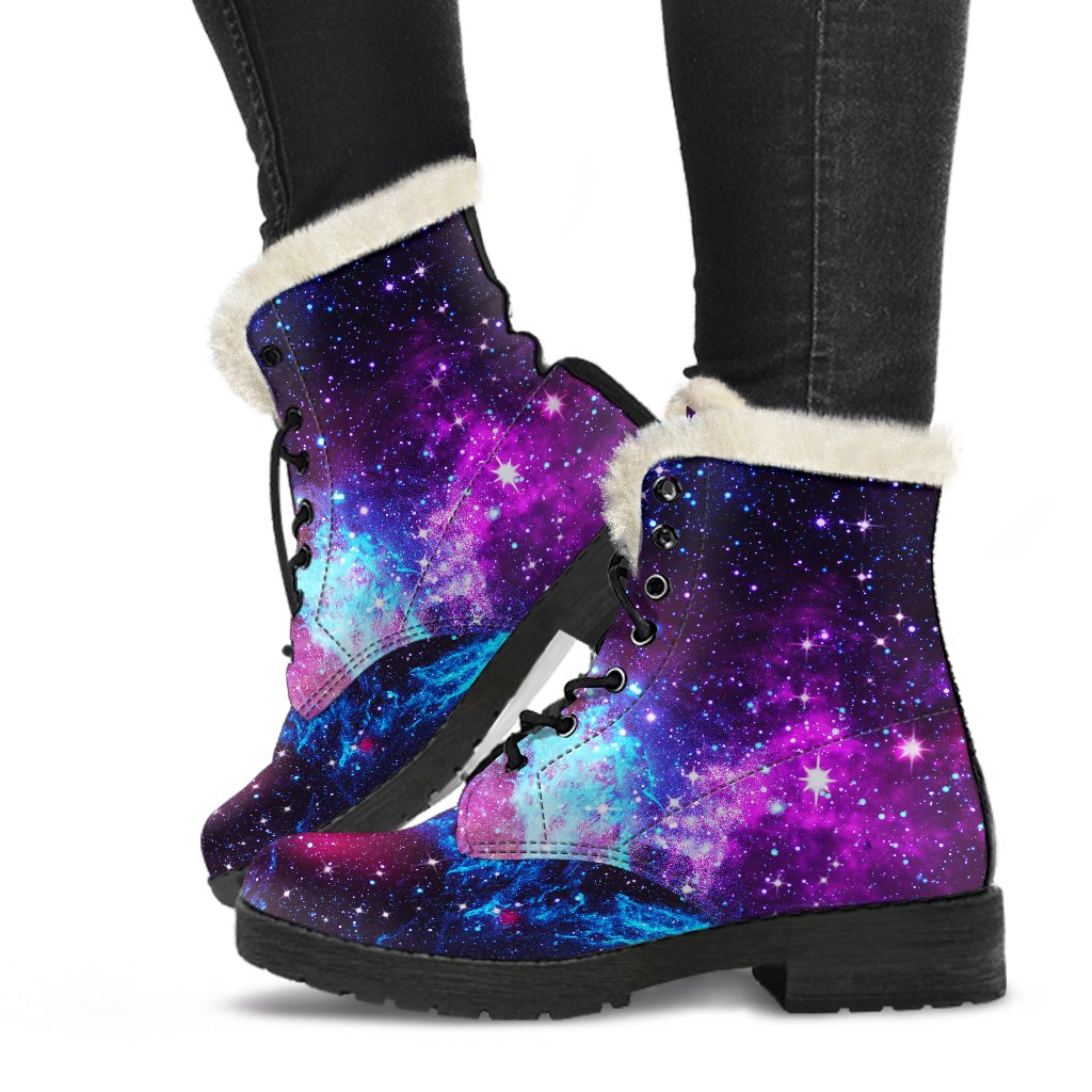 Galaxy Night Purple Space Print Faux Fur Leather Boots-JTAMIGO.COM