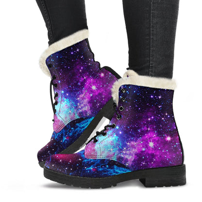 Galaxy Night Purple Space Print Faux Fur Leather Boots-JTAMIGO.COM