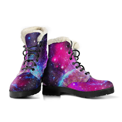 Galaxy Night Purple Space Print Faux Fur Leather Boots-JTAMIGO.COM
