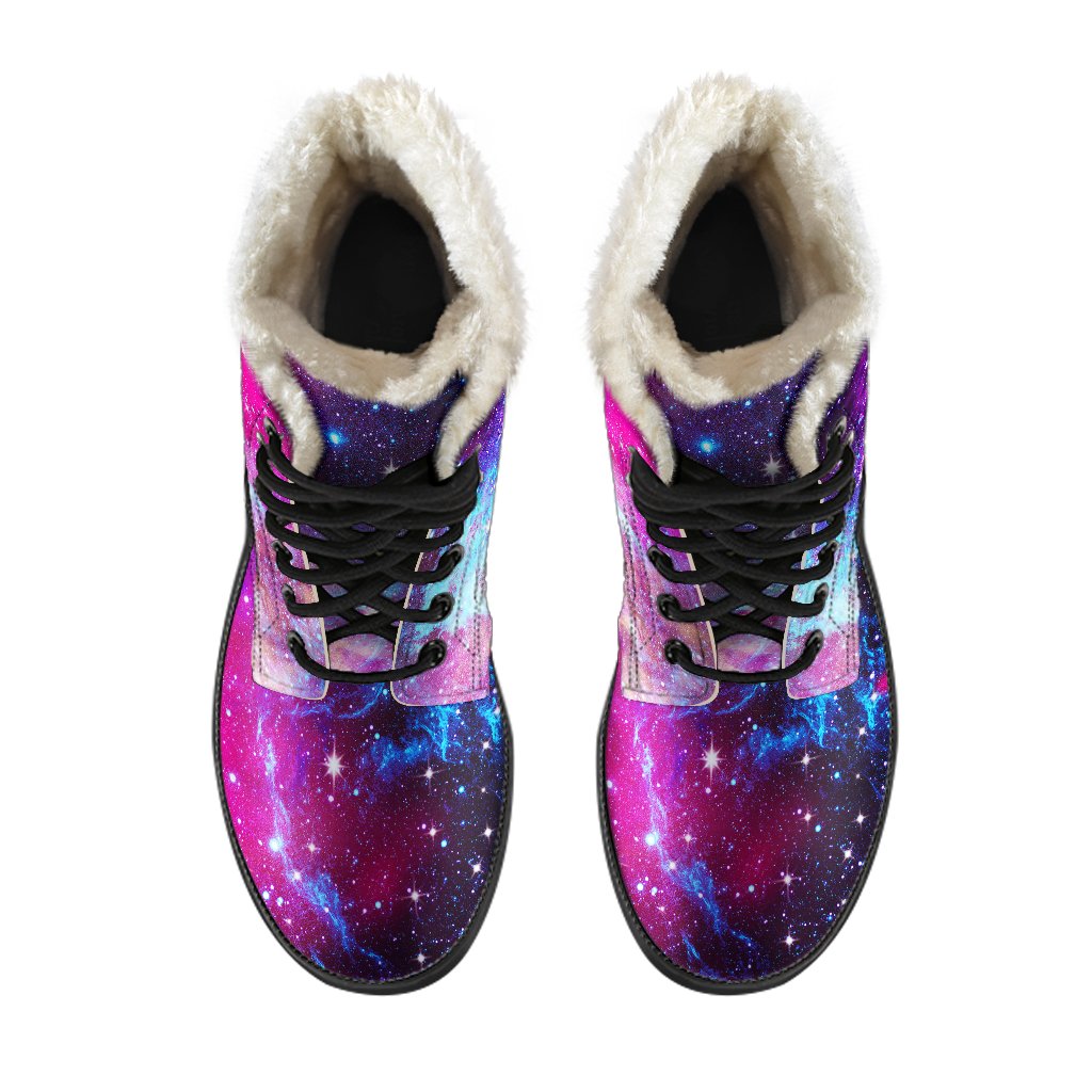 Galaxy Night Purple Space Print Faux Fur Leather Boots-JTAMIGO.COM