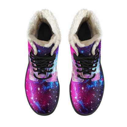 Galaxy Night Purple Space Print Faux Fur Leather Boots-JTAMIGO.COM