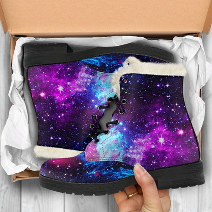 Galaxy Night Purple Space Print Faux Fur Leather Boots-JTAMIGO.COM