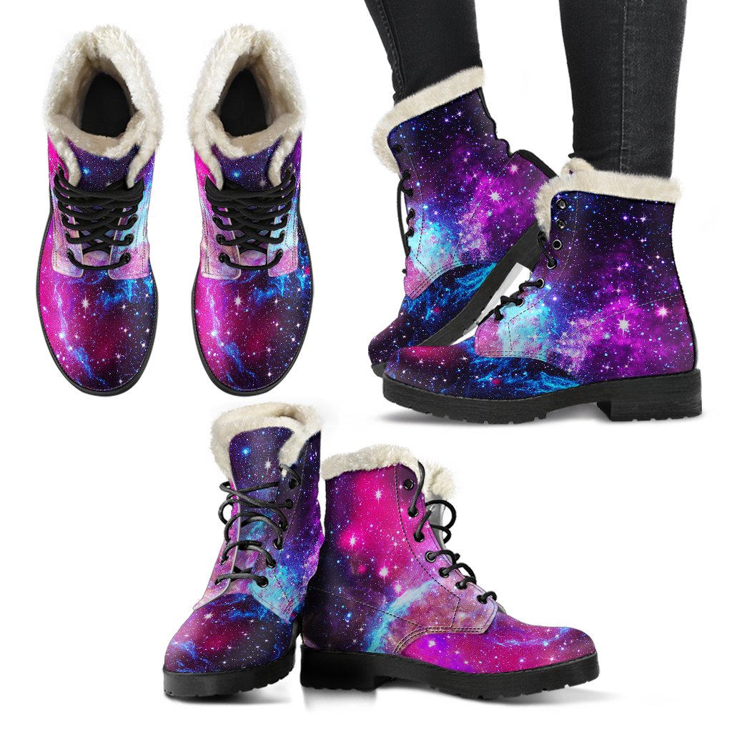 Galaxy Night Purple Space Print Faux Fur Leather Boots-JTAMIGO.COM