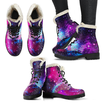 Galaxy Night Purple Space Print Faux Fur Leather Boots-JTAMIGO.COM