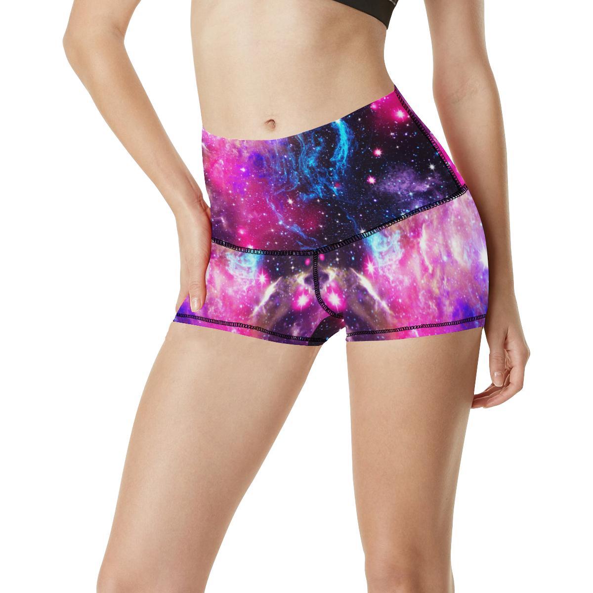 Galaxy Night Purple Space Print High Waisted Spandex Shorts-JTAMIGO.COM