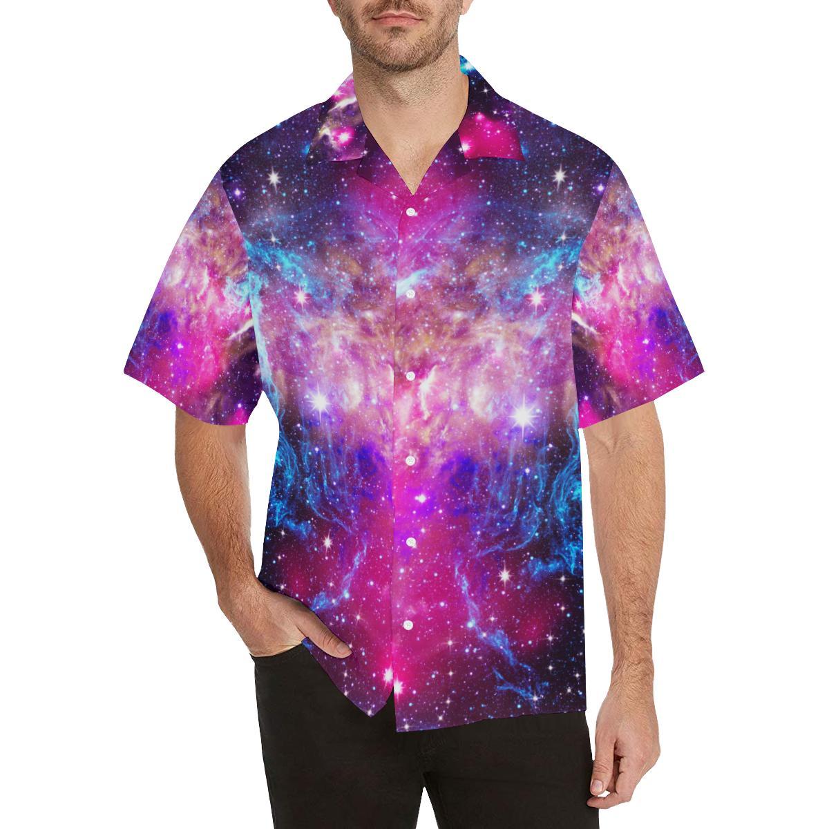Galaxy Night Purple Space Print Men Aloha Hawaiian Shirt