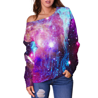 Galaxy Night Purple Space Print Off Shoulder Sweatshirt