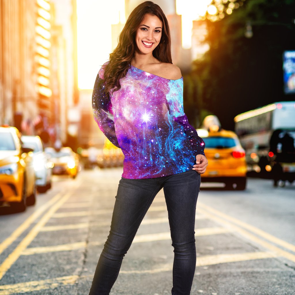 Galaxy Night Purple Space Print Off Shoulder Sweatshirt