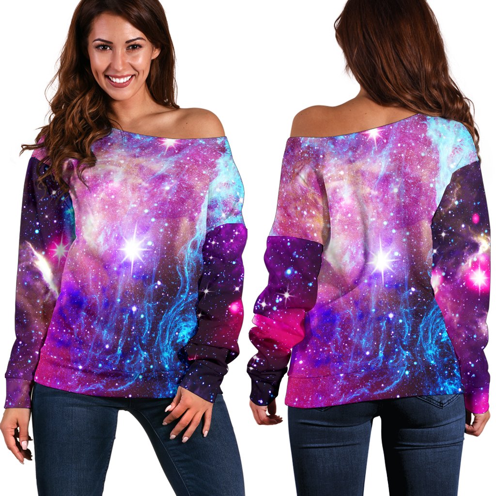 Galaxy Night Purple Space Print Off Shoulder Sweatshirt