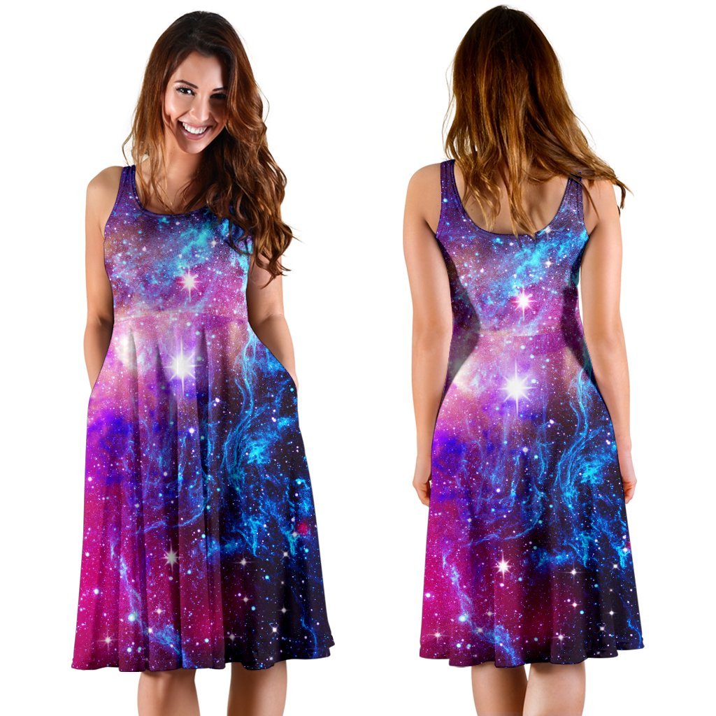 Galaxy Night Purple Space Print Sleeveless Dress
