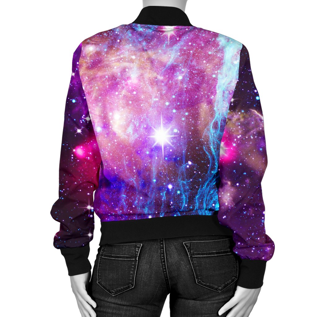 Galaxy Night Purple Space Print Women Casual Bomber Jacket