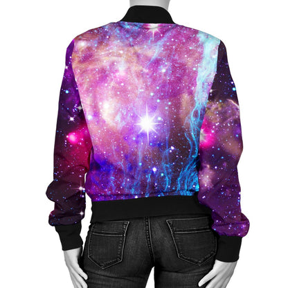 Galaxy Night Purple Space Print Women Casual Bomber Jacket